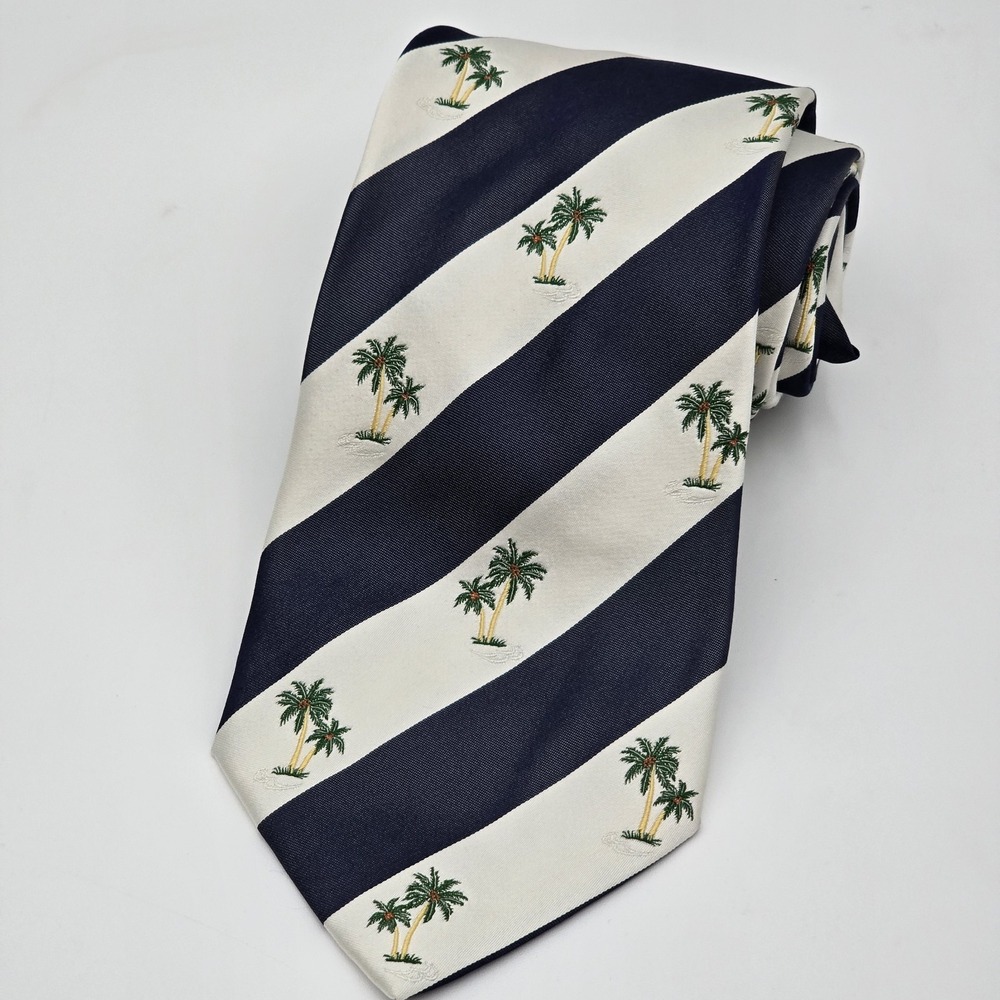 Maus & Hoffman 100% Silk Tie Italy Navy Cream Palm Tree Stripe 60x4 Luxury